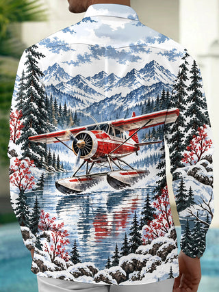 Adaychic Men's Graphic Vintage Snow Seaplane Print Long Sleeve Shirt with Chest Pocket