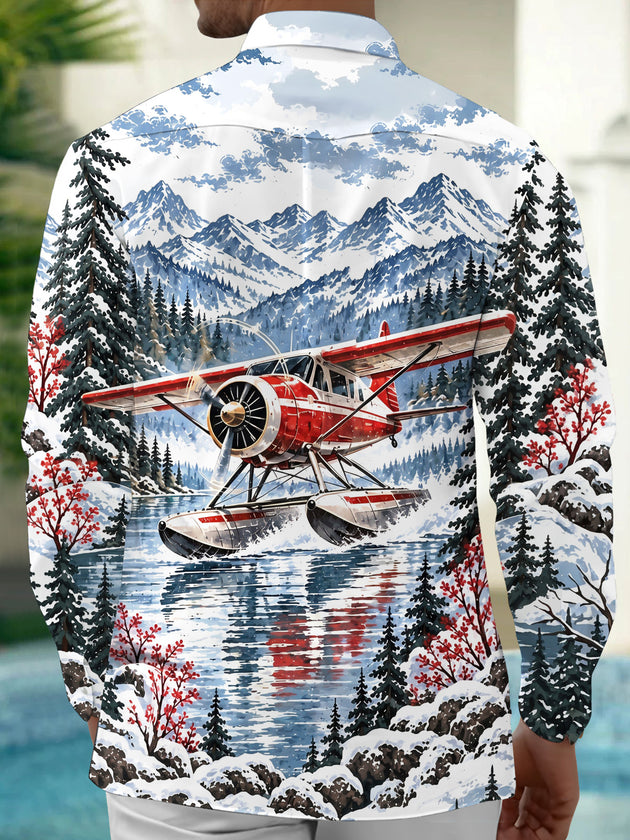 Adaychic Men's Graphic Vintage Snow Seaplane Print Long Sleeve Shirt with Chest Pocket