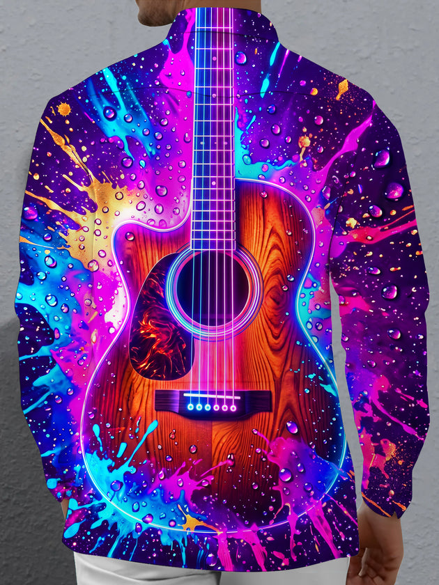 Adaychic Men's Long Sleeve Shirt - Acoustic Guitar With Neon Splash And Water Droplets Print with Chest Pocket