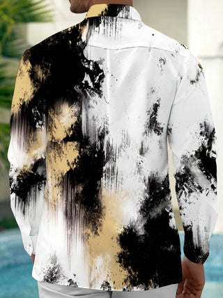 Adaychic Men's Long Sleeve Shirt - Abstract Black And Gold Splatter With Vertical Drips Print with Chest Pocket