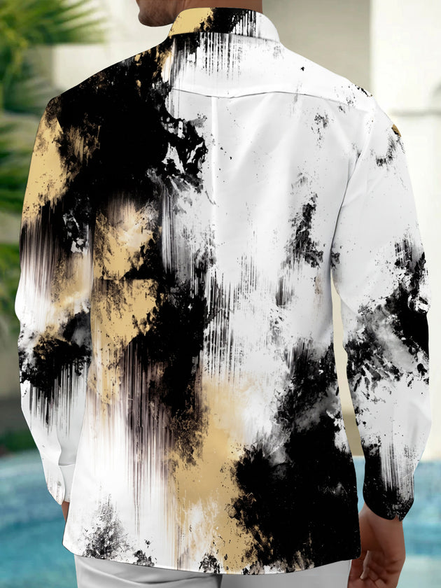 Adaychic Men's Long Sleeve Shirt - Abstract Black And Gold Splatter With Vertical Drips Print with Chest Pocket