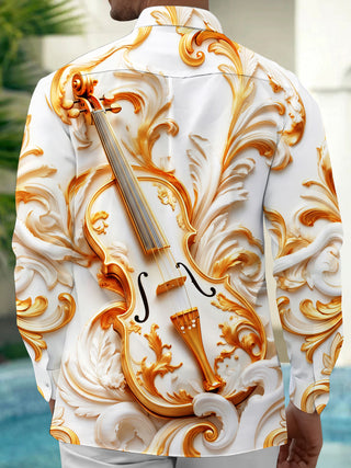 Adaychic Men's Gilded Carved Violin With Baroque Relief Print Long Sleeve Shirt with Chest Pocket