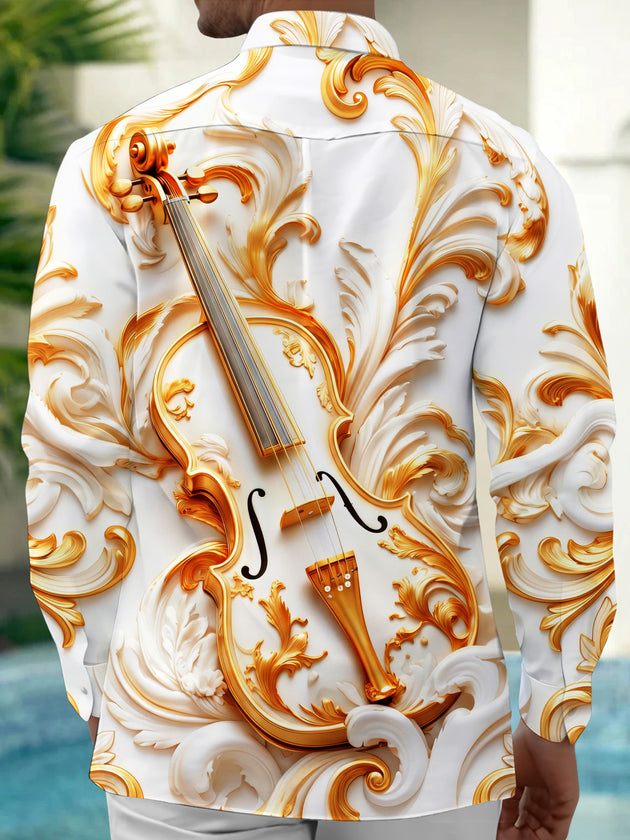 Adaychic Men's Gilded Carved Violin With Baroque Relief Print Long Sleeve Shirt with Chest Pocket