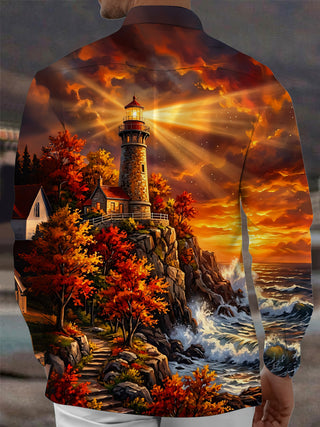 Adaychic Men's Autumn Lighthouse Cliff Landscape Print Long Sleeve Shirt with Chest Pocket