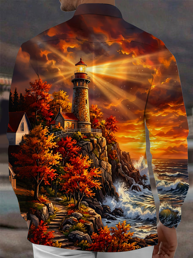 Adaychic Men's Autumn Lighthouse Cliff Landscape Print Long Sleeve Shirt with Chest Pocket