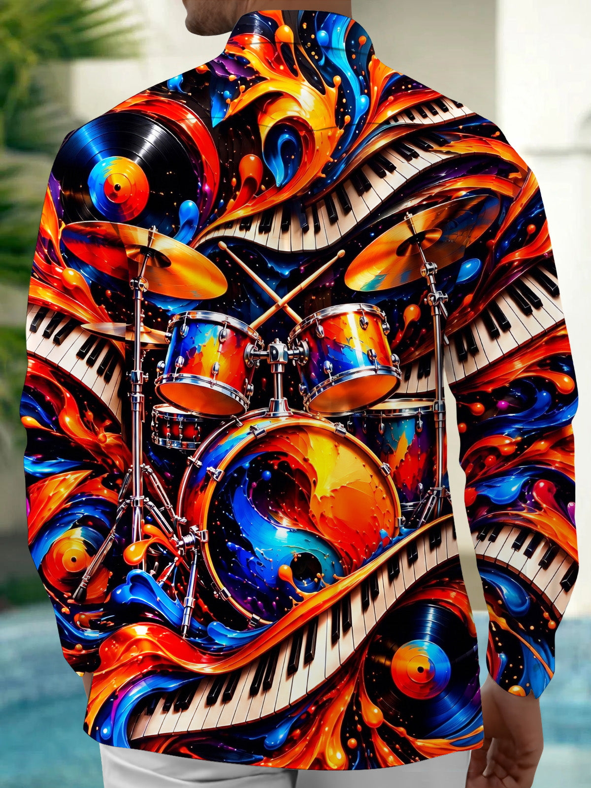 Adaychic Men's Drum Set Piano Keys And Vinyl Records Print Long Sleeve Shirt with Chest Pocket