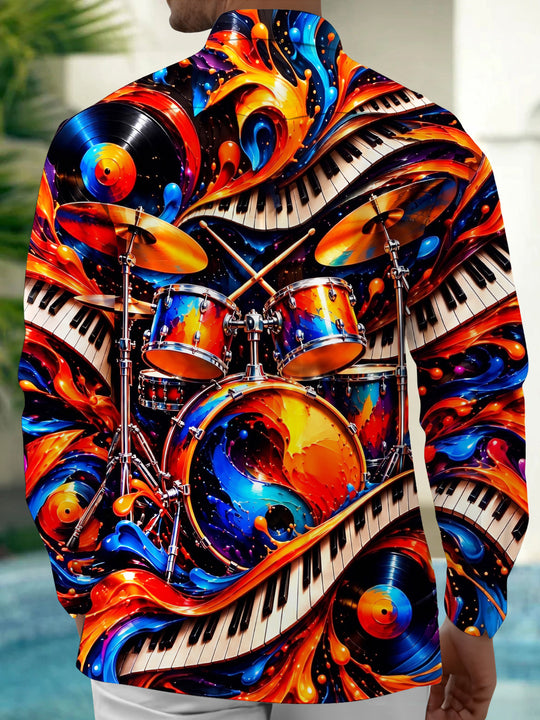 Adaychic Men's Drum Set Piano Keys And Vinyl Records Print Long Sleeve Shirt with Chest Pocket