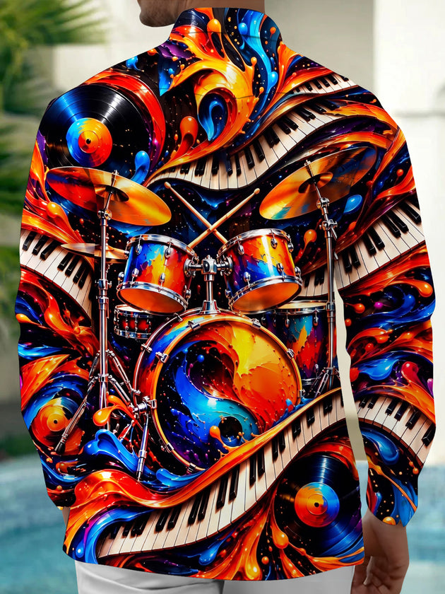 Adaychic Men's Drum Set Piano Keys And Vinyl Records Print Long Sleeve Shirt with Chest Pocket