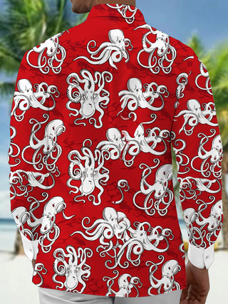 Adaychic Men's Hawaiian Octopus Print Red Background Print Long Sleeve Shirt with Chest Pocket