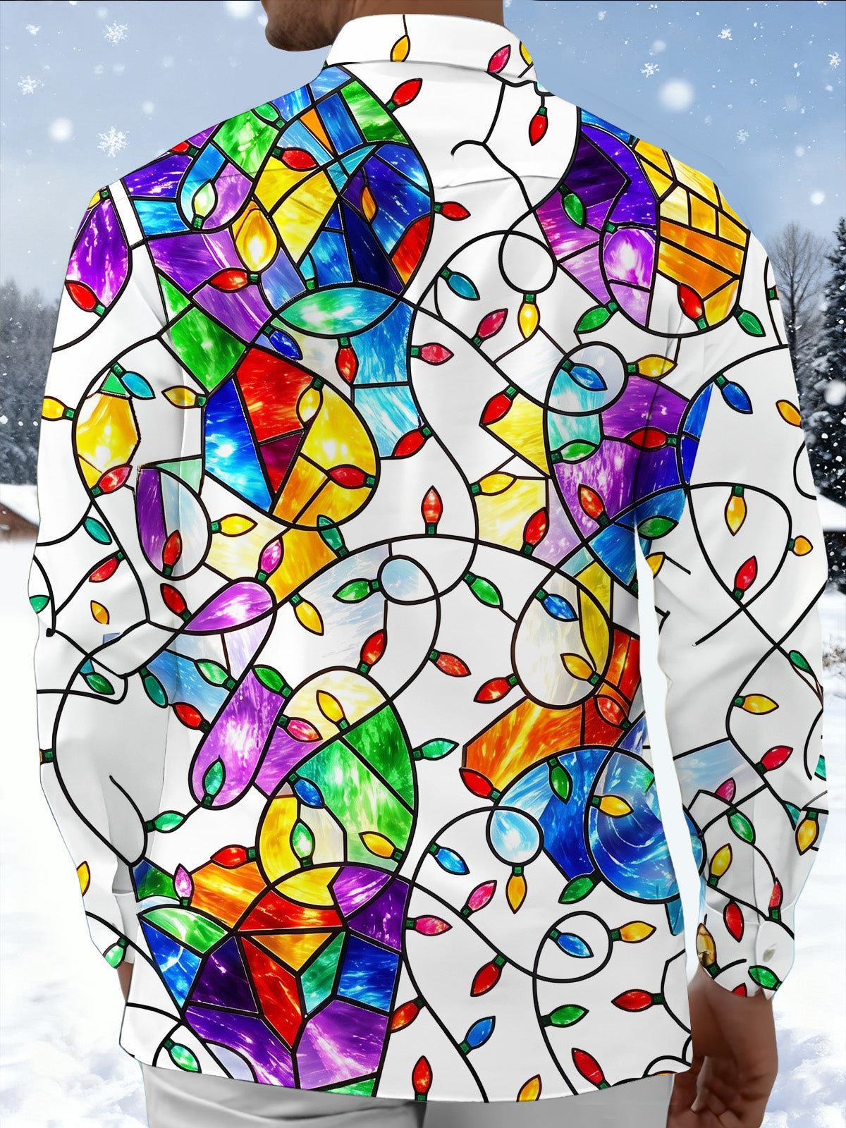 Adaychic Men's Printed Christmas Lights Print Long Sleeve Shirt with Chest Pocket
