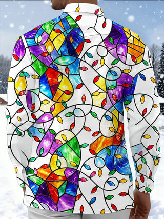 Adaychic Men's Printed Christmas Lights Print Long Sleeve Shirt with Chest Pocket