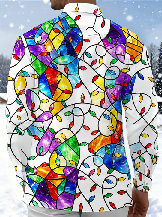 Adaychic Men's Printed Christmas Lights Print Long Sleeve Shirt with Chest Pocket