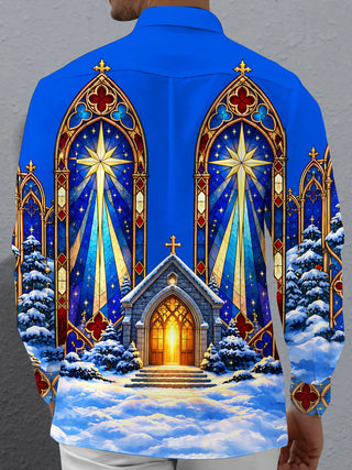 Adaychic Men's Long Sleeve Shirt - Christmas Gothic Church Stained Glass Windows And Snowy Landscape Print with Chest Pocket