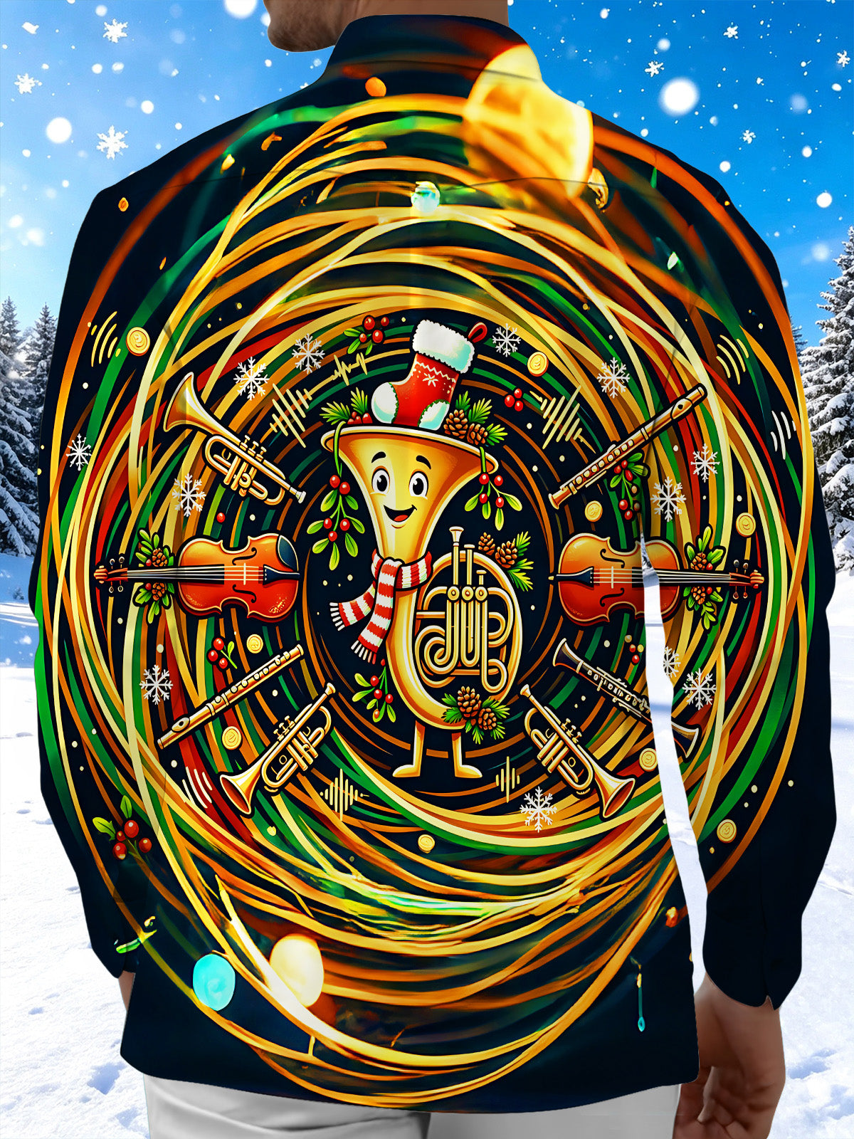 Adaychic Men's Graphic Christmas Musical Instruments Print Long Sleeve Shirt with Chest Pocket
