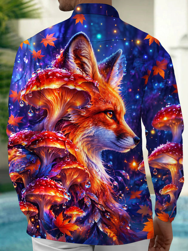Adaychic Men's Fox And Mushrooms With Maple Leaves Print Long Sleeve Shirt with Chest Pocket