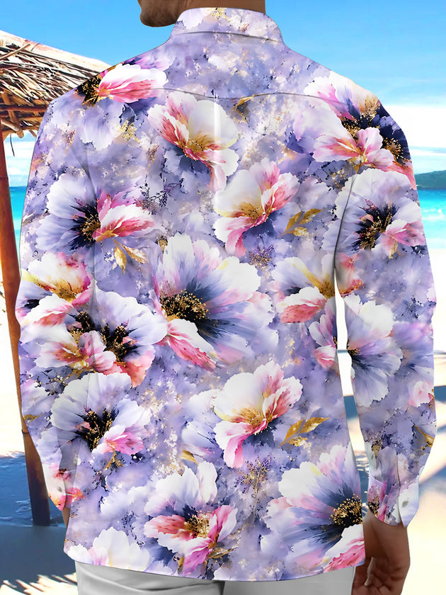 Adaychic Men's Hawaiian Purple Floral Print Long Sleeve Shirt with Chest Pocket
