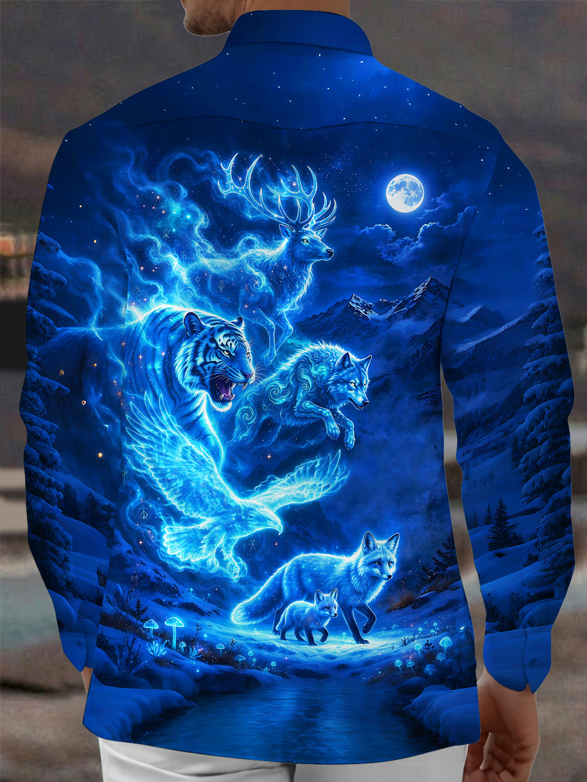 Adaychic Men's Fantasy Blue Beasts And Snow Mountain Print Long Sleeve Shirt with Chest Pocket