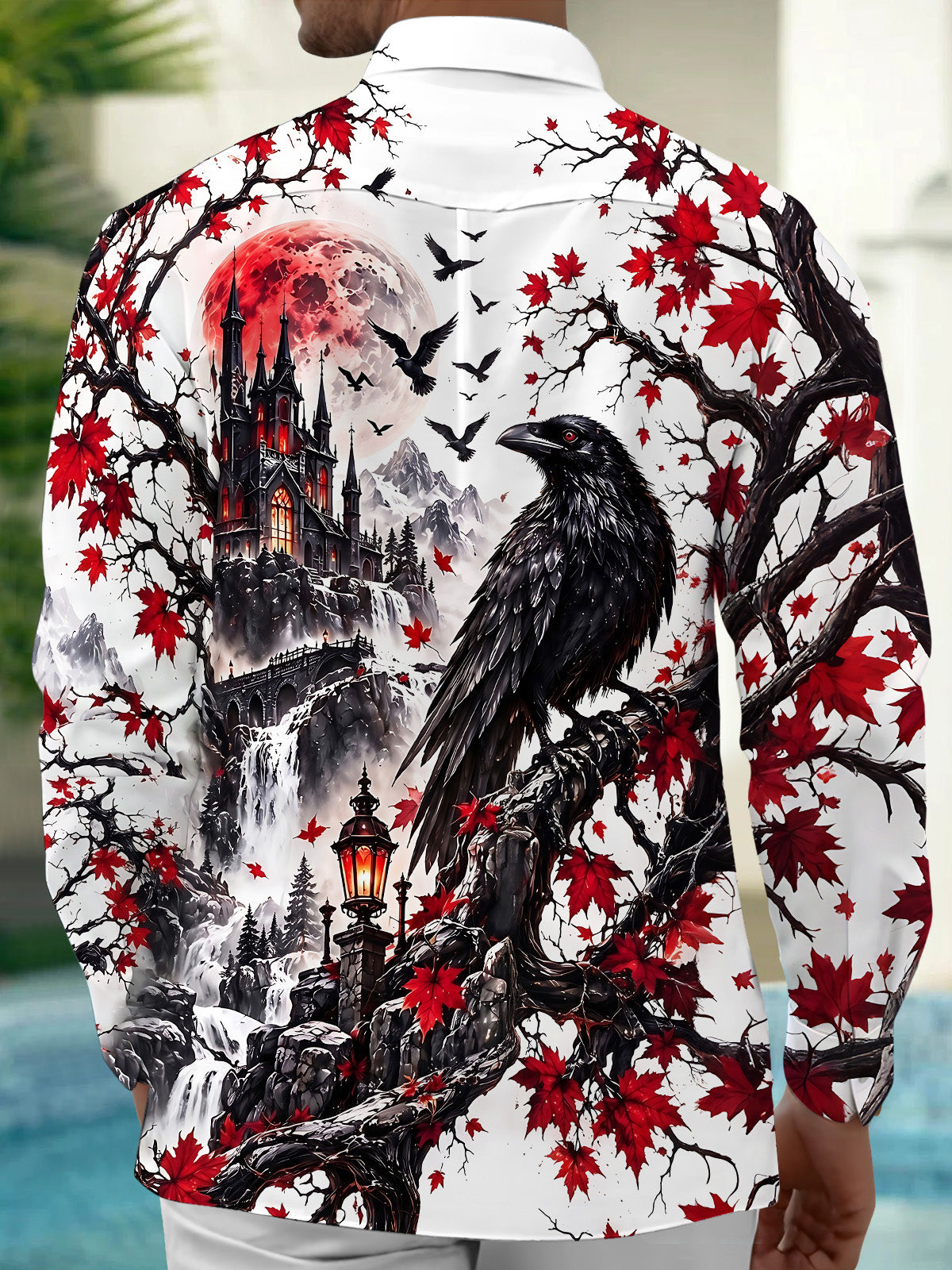 Adaychic Men's Graphic Halloween Crow Print Long Sleeve Shirt with Chest Pocket