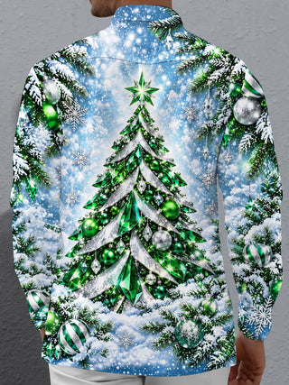 Adaychic Men's Long Sleeve Shirt - Christmas Tree With Ornaments And Snowflakes Print with Chest Pocket