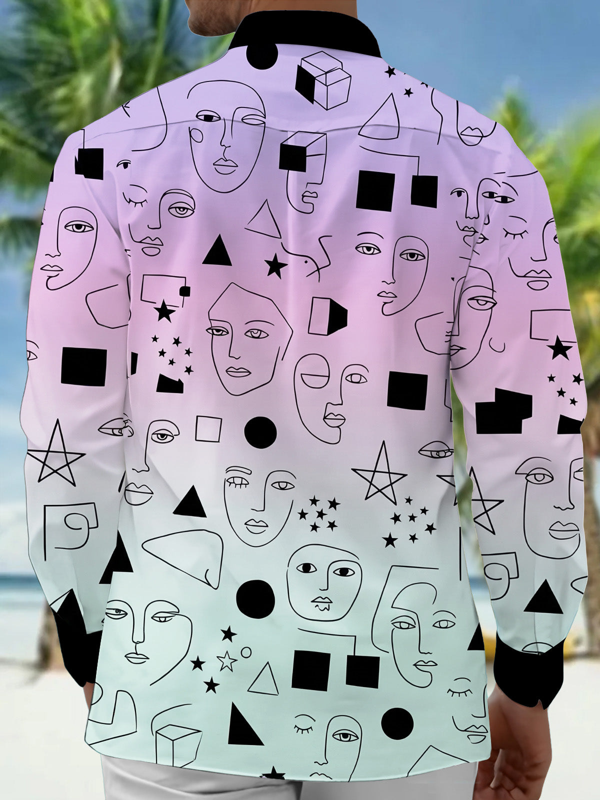 Adaychic Men's Long Sleeve Shirt - Abstract Line Art Faces And Geometric Shapes Print with Chest Pocket