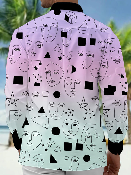Adaychic Men's Long Sleeve Shirt - Abstract Line Art Faces And Geometric Shapes Print with Chest Pocket