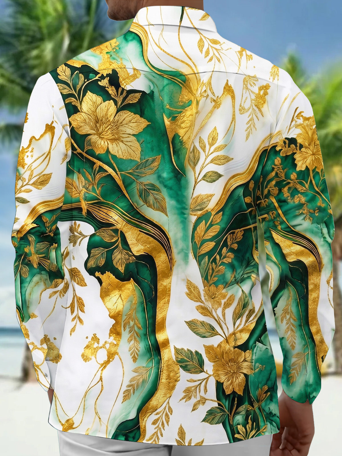 Adaychic Men's Tropical Green Floral Leaf Print Long Sleeve Button Down Shirt with Chest Pocket