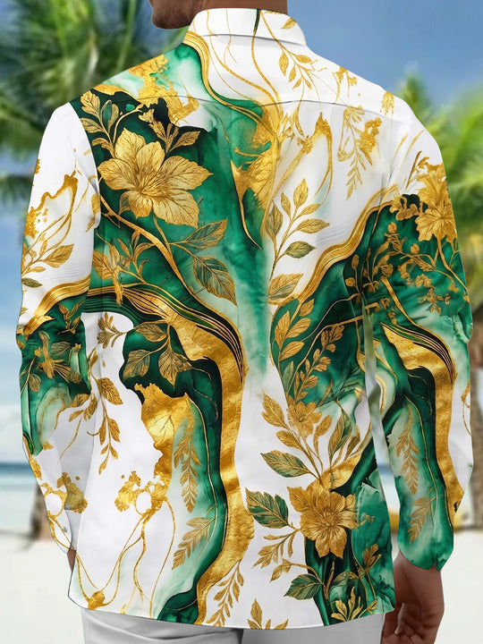 Adaychic Men's Tropical Green Floral Leaf Print Long Sleeve Button Down Shirt with Chest Pocket