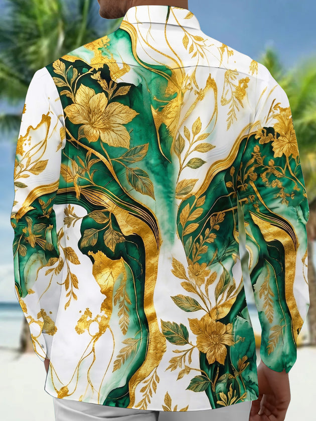 Adaychic Men's Tropical Green Floral Leaf Print Long Sleeve Button Down Shirt with Chest Pocket
