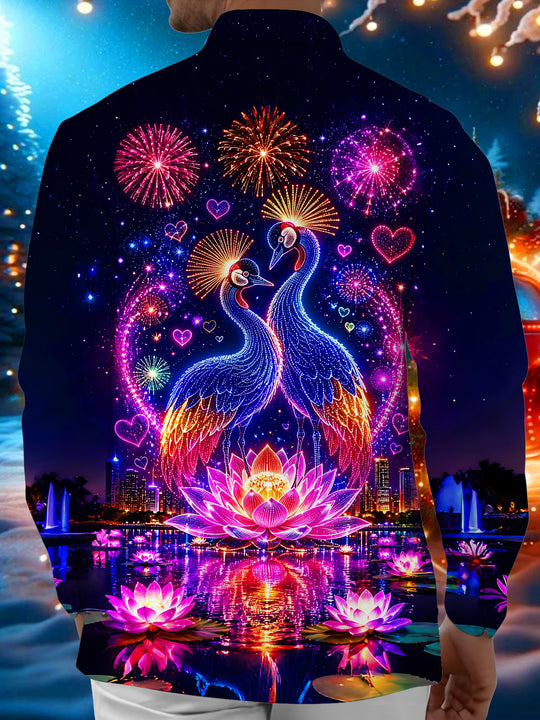 Adaychic Men's Graphic Neon Cranes Print Long Sleeve Shirt with Chest Pocket