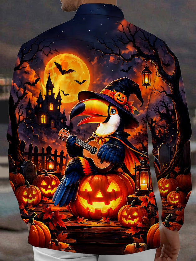 Adaychic Men's Graphic Halloween Toucan Print Long Sleeve Shirt with Chest Pocket