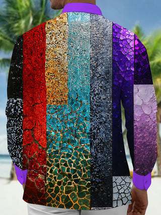 Adaychic Men's Printed Colorful Mosaic Crack Collage Print Long Sleeve Shirt with Chest Pocket