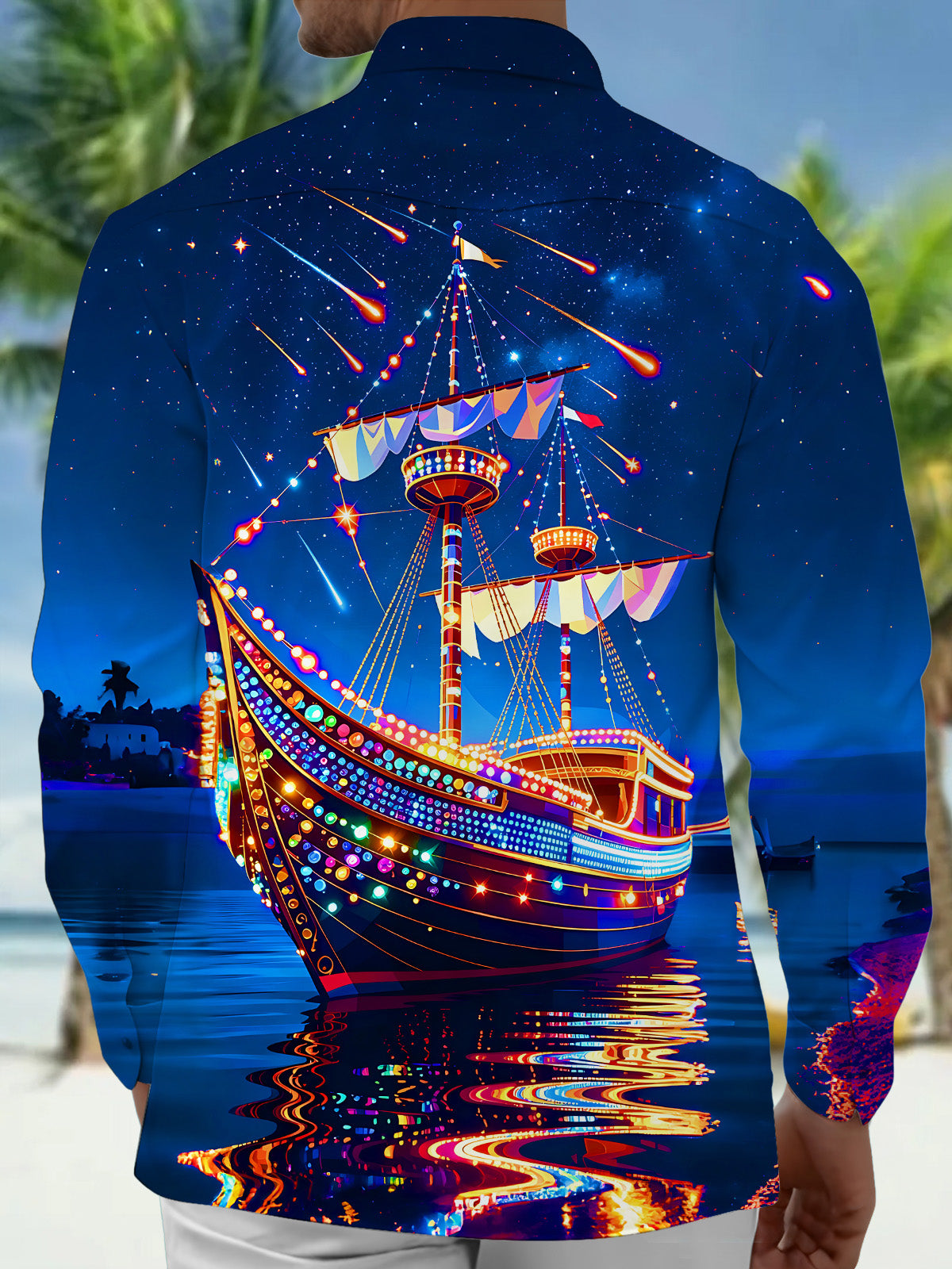 Adaychic Men's Graphic Glowing Ship Print Long Sleeve Shirt with Chest Pocket
