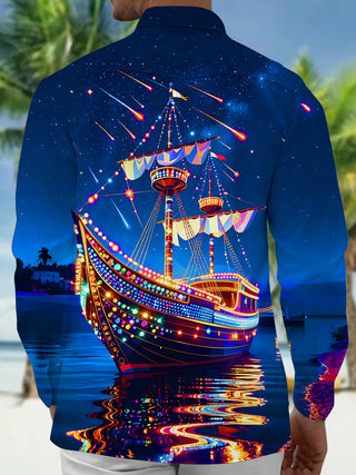 Adaychic Men's Graphic Glowing Ship Print Long Sleeve Shirt with Chest Pocket