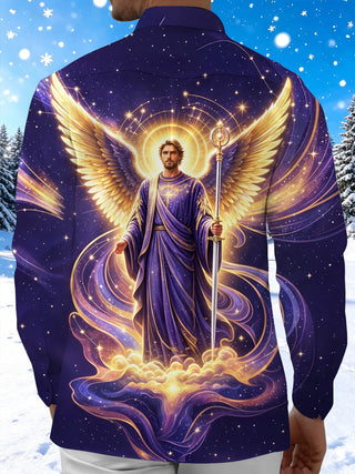 Adaychic Men's Angel Portrait With Wings And Staff Print Long Sleeve Shirt with Chest Pocket