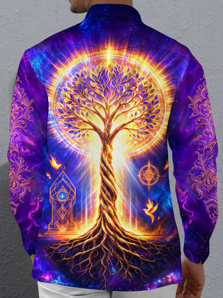 Adaychic Men's Graphic Tree Of Life And Phoenix Print Long Sleeve Shirt with Chest Pocket