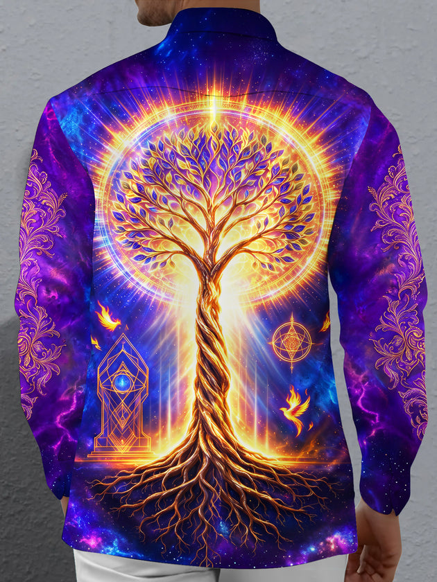 Adaychic Men's Graphic Tree Of Life And Phoenix Print Long Sleeve Shirt with Chest Pocket