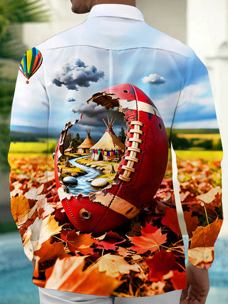 Adaychic Men's Graphic Football Print Autumn Leaves Print Long Sleeve Shirt with Chest Pocket