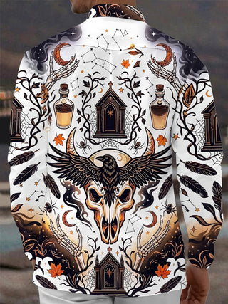 Adaychic Men's Graphic Halloween Skull And Raven Print Long Sleeve Shirt with Chest Pocket