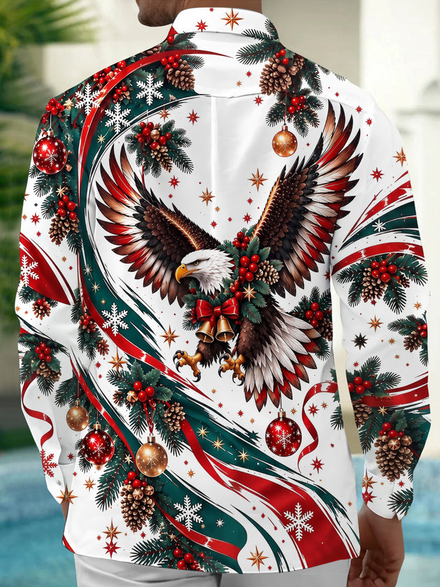 Adaychic Men's Printed Christmas Eagle Print Long Sleeve Shirt with Chest Pocket