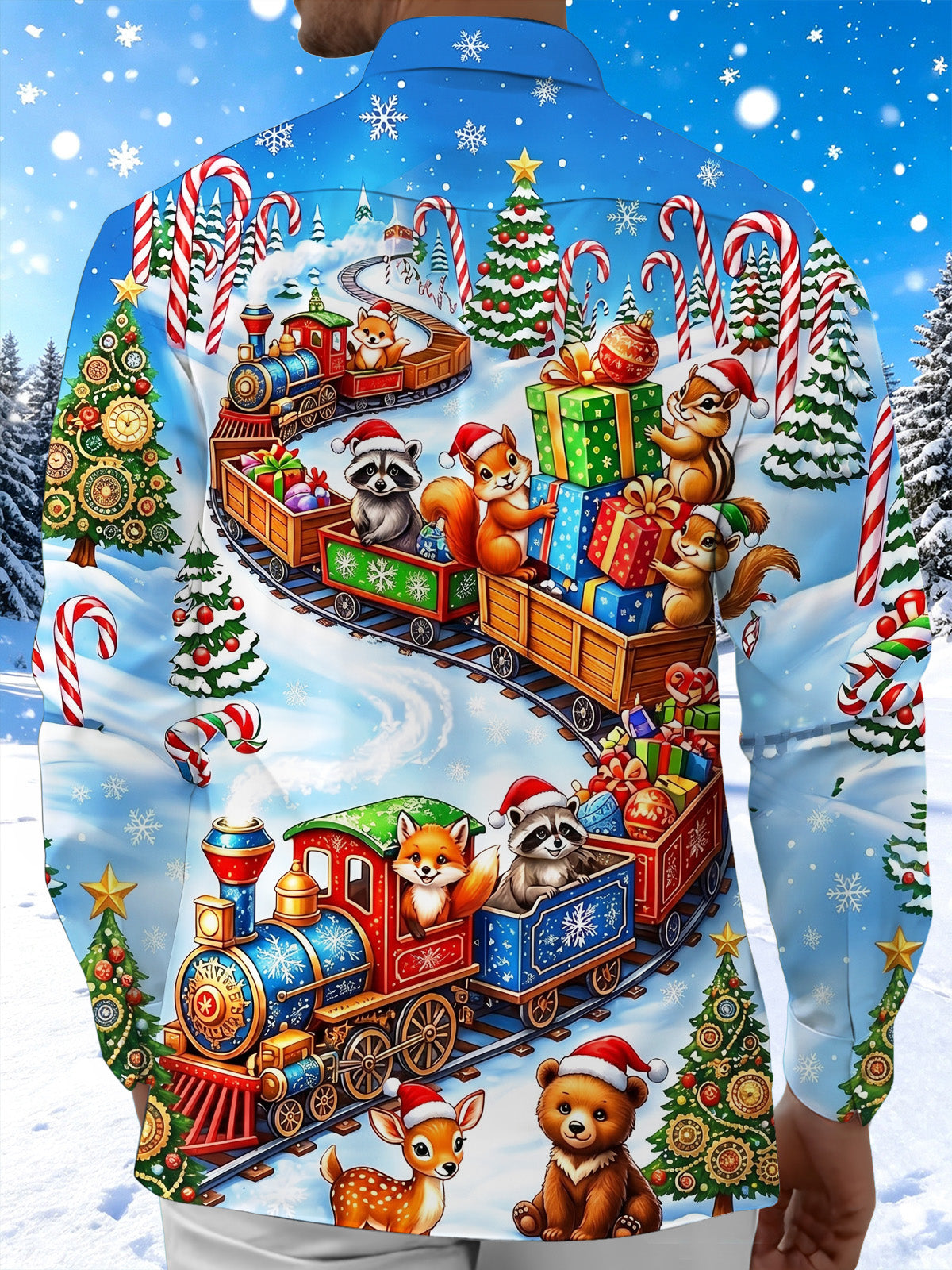 Adaychic Men's Christmas Animals On Train With Gifts Print Long Sleeve Shirt with Chest Pocket