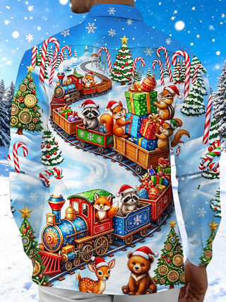 Adaychic Men's Christmas Animals On Train With Gifts Print Long Sleeve Shirt with Chest Pocket