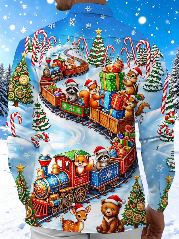 Adaychic Men's Christmas Animals On Train With Gifts Print Long Sleeve Shirt with Chest Pocket