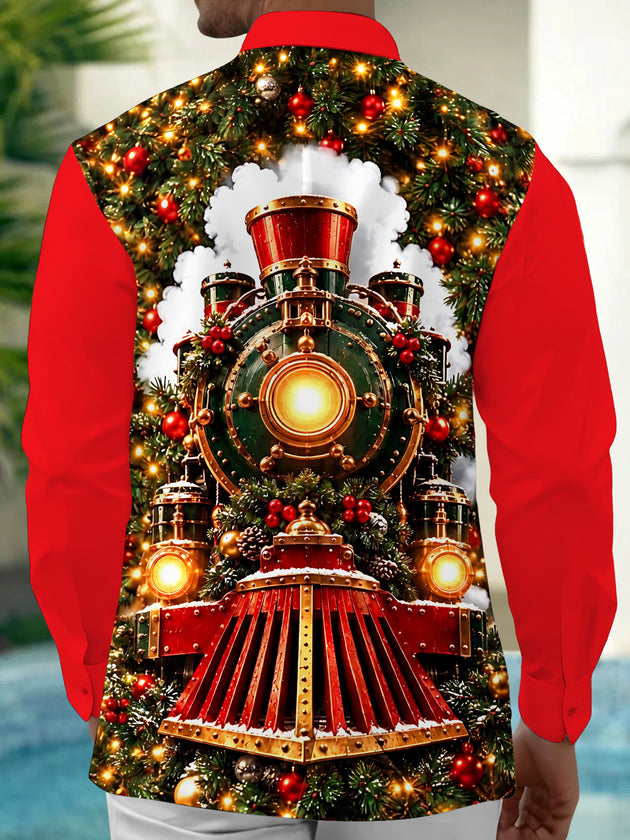 Adaychic Men's Long Sleeve Shirt - Vintage Steam Train With Christmas Ornaments And Pine Branches Print with Chest Pocket