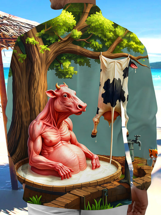 Adaychic Men's Graphic Muscular Cow Print Milk Bath Print Long Sleeve Shirt with Chest Pocket