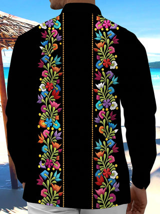 Adaychic Men's Floral Colorful Floral Embroidery Print Long Sleeve Shirt with Chest Pocket