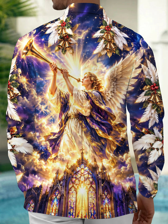 Adaychic Men's Long Sleeve Shirt - Christmas Trumpeter Angel And Gothic Cathedral Print with Chest Pocket