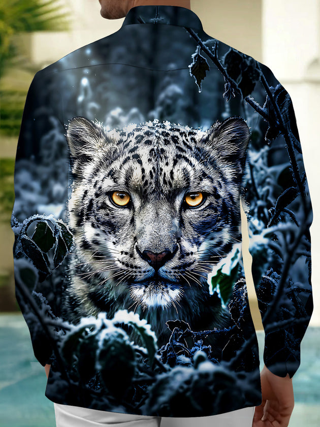 Adaychic Men's Printed Snow Leopard Face Print Long Sleeve Shirt with Chest Pocket