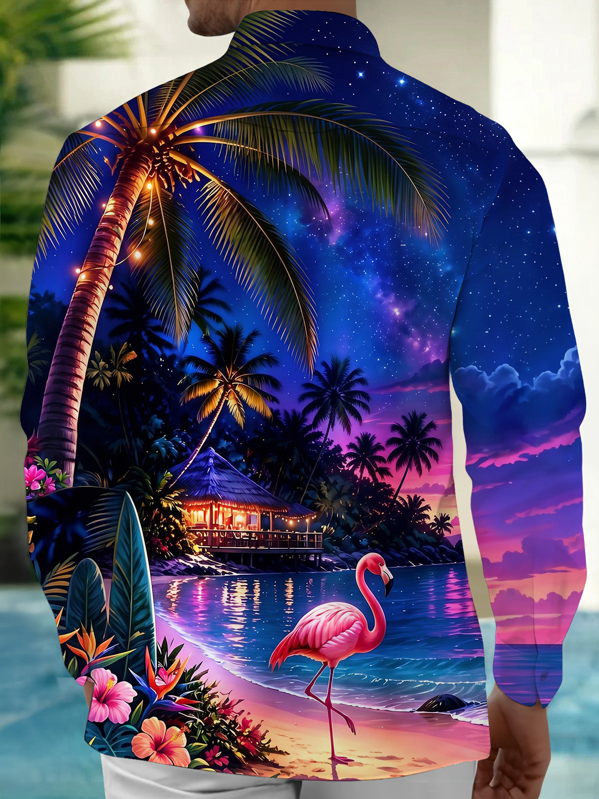 Adaychic Men's Hawaiian Tropical Beach Sunset Print Long Sleeve Shirt with Chest Pocket