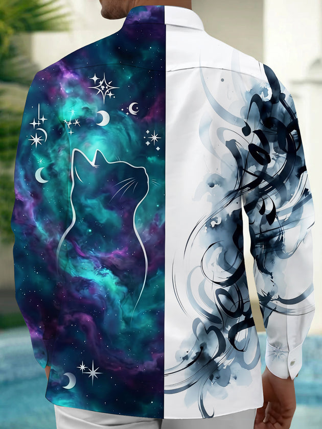 Adaychic Men's Graphic Cat Silhouette And Nebula Print Long Sleeve Shirt with Chest Pocket