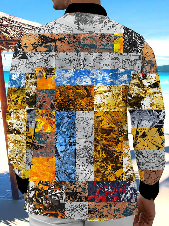 Adaychic Men's Vintage Style Abstract Patchwork Print Long Sleeve Shirt with Chest Pocket